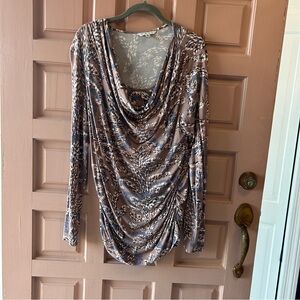 CAbi light brown with cream and muted blue Patterned Top